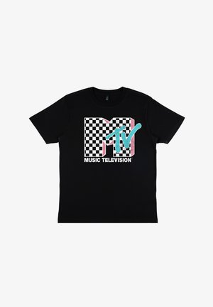 Sort bomulds t-shirt med et grafisk logo på en ternet baggrund, med lyserøde og teal accenter, samt teksten "MUSIC TELEVISION."