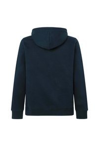 Sudadera azul marino hecha de tela suave, con un diseño clásico que incluye un bolsillo tipo canguro y puños y dobladillo acanalados. Cuello con capucha.