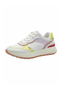 Weißer Sneaker aus einer Materialmischung, mit grünen und rosa Akzenten, strukturierten Überzügen und einer gemusterten Sohle für besseren Halt.