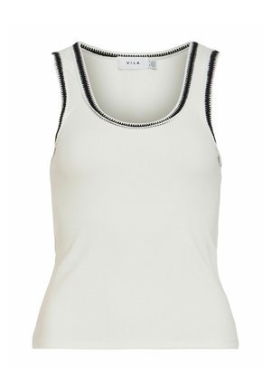 White sleeveless ribbed tank top with black and white stitch trim on neckline and armholes, labeled VILA brand.