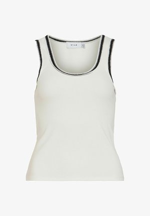 White sleeveless ribbed tank top with black and white stitch trim on neckline and armholes, labeled VILA brand.