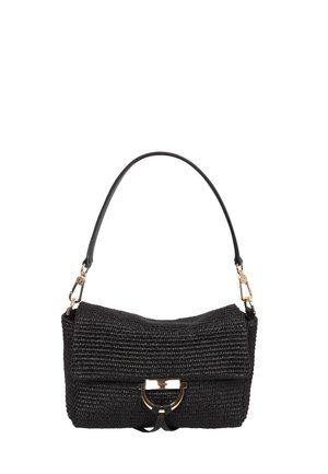 Schwarze gewebte Handtasche mit einem einzelnen Riemen und Verschluss in Goldoptik vorne in der Mitte.