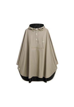 Beige hætte-regnponcho med sort inderfor, frontlukning med trykknapper og brystlomme med lynlås, løs pasform med trykknapper i siderne.