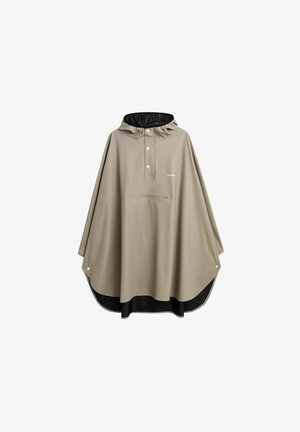 Beige hætte-regnponcho med sort inderfor, frontlukning med trykknapper og brystlomme med lynlås, løs pasform med trykknapper i siderne.