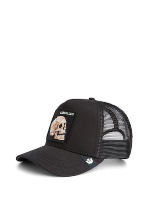 Black cap with a curved brim, mesh back, featuring a rectangular embroidered patch of a skull and the word "CANCELLED."