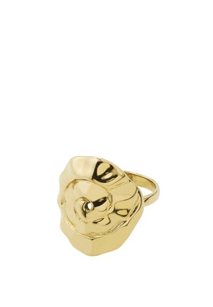 Kullavärvi metallist sõrmus, mille peal on abstraktse, ebaregulaarselt kujundatud ja särava lillesarnase mustriga, eraldatud valgel taustal.