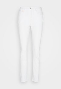 Jeans de mezclilla blanca con un diseño clásico de pierna recta, que cuentan con cinco bolsillos y acentos en cobre en los botones y remaches. Tela suave y sin textura.