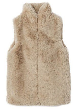 Ærmeløs beige imiteret pelsvest med høj krave, blød tekstur og uden synlige lukninger, vist fladt på en hvid baggrund.