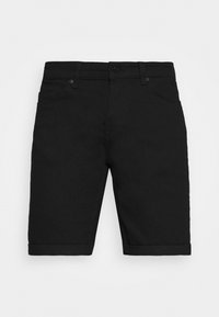 Shorts de mezclilla negra con corte recto, con una cinturilla estándar, bolsillos frontales y dobladillos enrollados para un acabado limpio.
