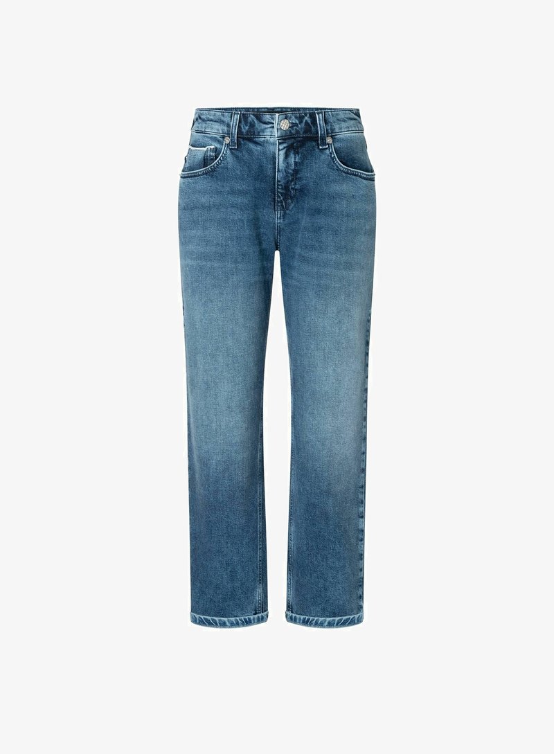 Jean droit bleu clair en denim, doté de cinq poches, d'une fermeture à bouton métallique et d'un léger délavage aux cuisses et aux ourlets.