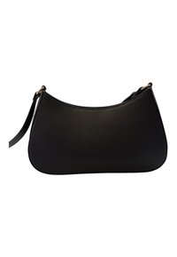 Borsa a tracolla in pelle nera con una silhouette curva, superficie testurizzata e una tracolla removibile con dettagli in metallo dorato.