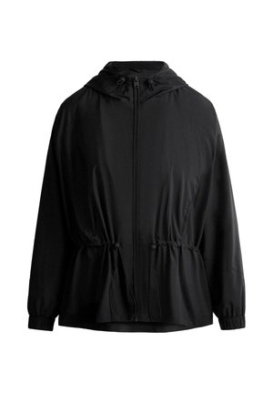 Veste coupe-vent noire à capuche avec fermeture éclair frontale, cordons ajustables à la taille et poignets élastiques aux manches longues.
