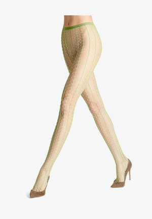 Green fishnet tights with a diamond pattern, featuring a wide waistband and semi-transparent design, paired with light brown high heels.