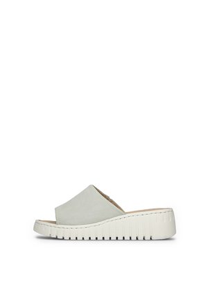 Sandali slide in suede grigio chiaro con una spessa suola piattaforma bianca. Design open toe e suola testurizzata per una migliore presa. Stile semplice e minimalista.