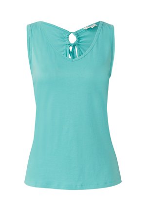 Niebieska, bezrękawnikowa bluzka z dekoltem w kształcie litery V i otworem na plecach. Wykonana z miękkiego materiału, charakteryzująca się luźnym krojem i gładką fakturą.