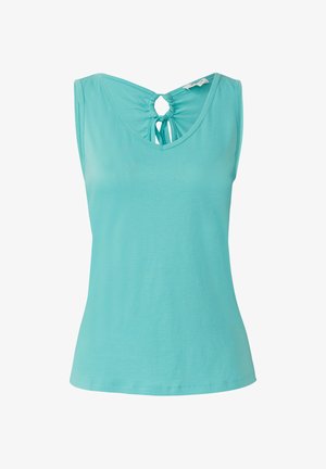 Aqua-blauwe mouwloze top met een V-hals en een sleutelgatontwerp aan de achterkant. Gemaakt van zachte stof, met een comfortabele pasvorm en een gladde textuur.