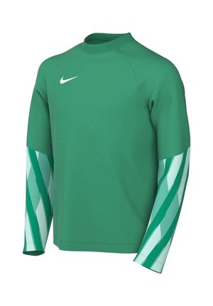 Grünes Sportlangarmshirt mit weißem Nike-Logo auf der Brust und diagonalen hell- und dunkelgrünen Streifen an den unteren Ärmeln.