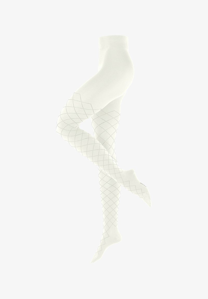 Calze bianche con un motivo a rombi grigi, caratterizzate da una texture liscia e una vita alta. Il design copre la gamba fino a metà coscia.