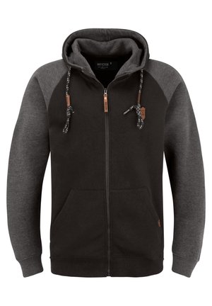 Huvtröja med dragkedja gjord av svart och grått tyg, med fodrad huva, två framfickor och dekorativa snoddar med läderdetaljer.