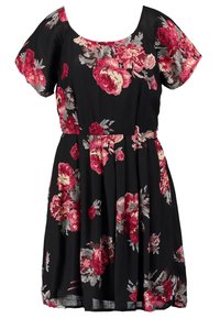 Robe noire à fleurs avec des manches courtes, présentant des fleurs roses et grises, un décolleté arrondi et une taille cintrée avec une jupe évasée.