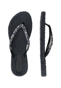 Infradito neri con una suola intrecciata e testurizzata, dotati di una fascia decorativa in glitter argento e blu scuro.