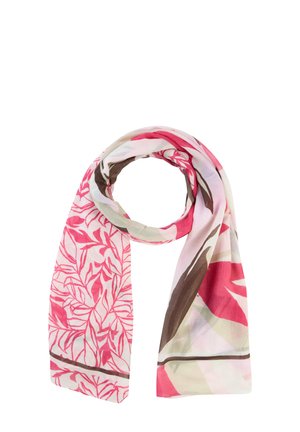 Sciarpa leggera con motivi floreali rosa e marroni, annodata in modo sciolto e mostrata su sfondo bianco.