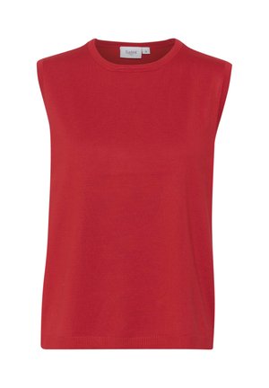 Punase ilma varrukatega topp, ümmarguse kaelusega, ribakudumist valmistatud, millel on mugav lõige ja peen tekstuur. Silt ütleb "Saint."