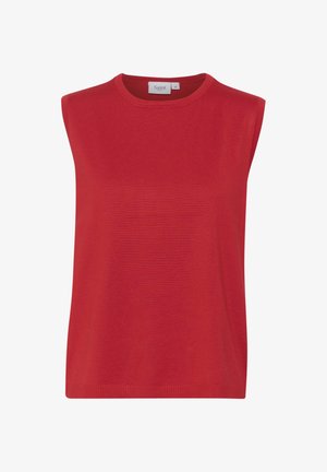 Punase ilma varrukatega topp, ümmarguse kaelusega, ribakudumist valmistatud, millel on mugav lõige ja peen tekstuur. Silt ütleb "Saint."