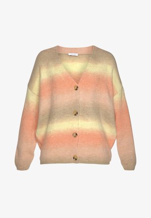 Cardigan met een V-hals, voorzien van een verloop van perzik, geel en beige. Beschikt over vier ronde knopen en heeft een losse pasvorm. Zacht van textuur.