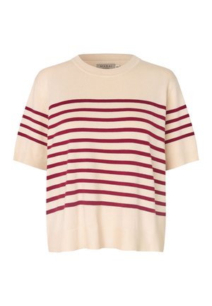 Krem short sleeve strikket sweater med horisontale mørkerøde striber over brystet og ærmerne, rund halsudskæring, ribbet kant og manchetter.