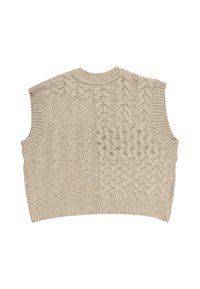 Beige sleeveless knitted sweater featuring textured cable patterns and a ribbed neckline. The fabric appears soft and chunky.