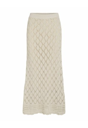 Bež dolgo kvačkano krilo z diamantom vzorcem in valovitim robom, z oprijetim pasom.