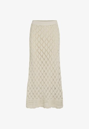 Beige heklet lang skjørt med diamantmønster og bølget kant, med innsvingt midjebånd.