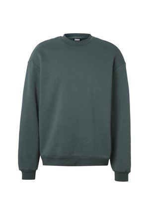 Bluză sport cu guler rotund de culoare verde închis, cu mâneci lungi și manșete și tiv striate, design simplu, prezentată pe fundal alb.