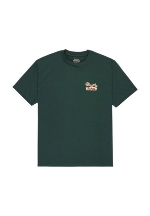Grünes Baumwoll-T-Shirt mit kurzen Ärmeln, Rundhalsausschnitt und einem kleinen blonden und weißen Blumenlogo auf der linken Brust. Weiche Textur.