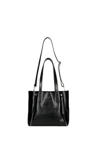 Černá kožená taška přes rameno s dvojitými horními uchy a nastavitelným ramenním popruhem; obsahuje boční zipové kapsy a lesklý povrch.