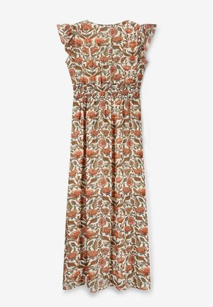 Bloemenmaxi-jurk met een smock taille, korte fluttermouwen en ingewikkelde patronen in rood en groen op een crèmekleurige achtergrond.