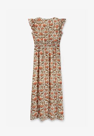 Bloemenmaxi-jurk met een smock taille, korte fluttermouwen en ingewikkelde patronen in rood en groen op een crèmekleurige achtergrond.