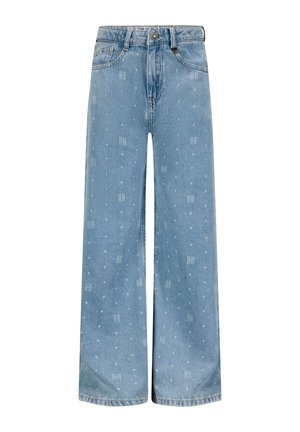 Jasnoniebieskie dżinsy o szerokich nogawkach z delikatnymi białymi kropkami oraz subtelnymi logo „RH”, posiadające przednie kieszenie i zapinane na guzik.