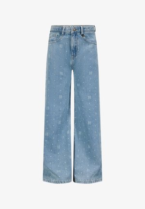 Lichtblauwe jeans met wijde pijpen, subtiele witte polka dots en vage "RH" logo's, voorzien van voorzakken en een knoopsluiting.