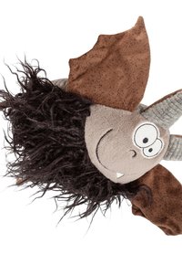 Stuffed bat toy with large brown ears, curly black fur, gray horns, wide eyes, and a small white fang on a light brown face.