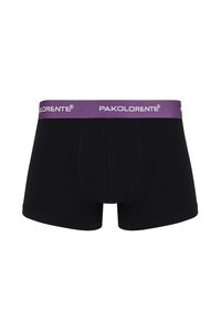Czarne bokserki z fioletową elastyczną talią, na której nadrukowana jest nazwa marki "PAKOLARENTE" na biało. Miękka tkanina, dopasowany krój.