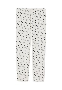 Weiße Pants mit elastischem Bund, besetzt mit einem unregelmäßigen Muster aus schwarzen Punkten, in voller Länge und geradem Schnitt.