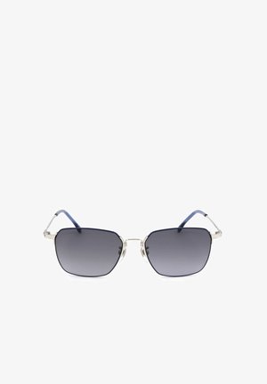 Occhiali da sole con montatura argento, lenti rettangolari a gradiente grigio scuro e aste con punte blu, mostrati su uno sfondo bianco.