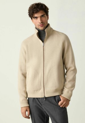 Uomo con maglione beige con zip sopra un dolcevita scuro e pantaloni grigi, in piedi davanti a uno sfondo chiaro e uniforme.