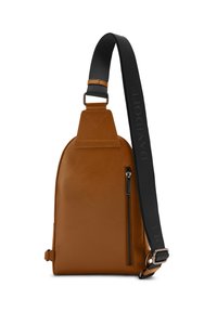 Brown leather sling bag with a sleek design, featuring a zippered pocket, adjustable black strap, and a subtle logo accent.