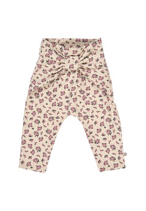 Leggings beige con motivo floreale e dettaglio a fiocco in vita. Realizzati in tessuto morbido, con piccoli disegni floreali rosa e neri.