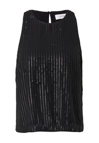 Czarny top bez rękawów z pionowymi paskami z cekinów i okrągłym dekoltem, z zapięciem na plecach w kształcie klucza oraz luźnym krojem.