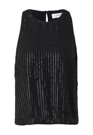 Czarny top bez rękawów z pionowymi paskami z cekinów i okrągłym dekoltem, z zapięciem na plecach w kształcie klucza oraz luźnym krojem.