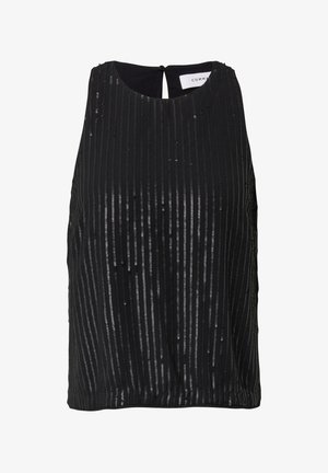 Black sleeveless top featuring vertical stripes of sequins and a round neckline, with a keyhole back closure and relaxed fit.